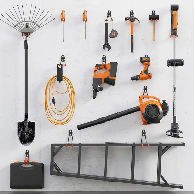 BONTEC Heavy Duty Garage Hooks, Anti-Slip Coated Black Steel with Strong Load Capacity, Multi-Sized U and J Hooks, Easy Wall Mount for Garage, Garden, Workshop (Orange, 16 Pack)