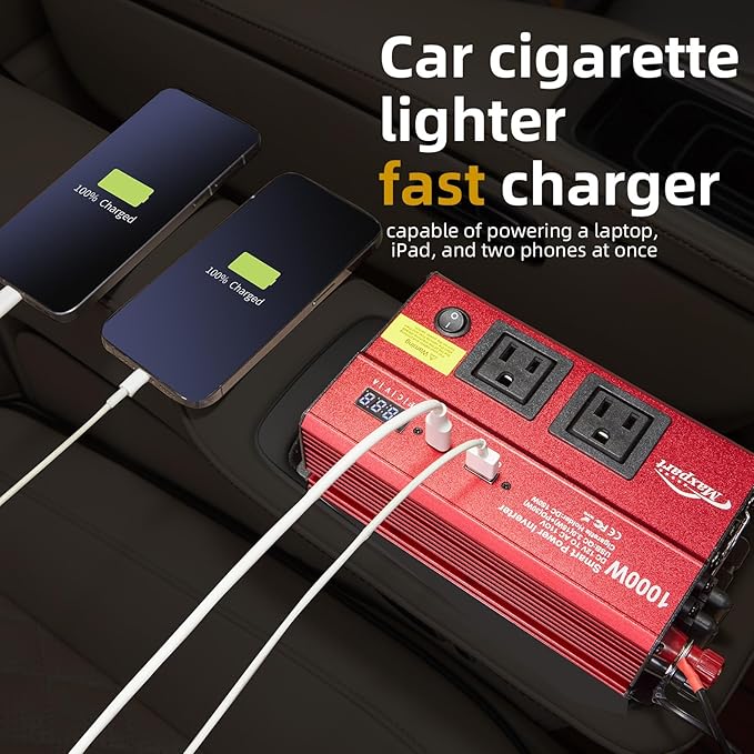 TWING Car 1000w Inverter,12v DC to 110v Power Inverters for Vehicles 1000 watt with Dual AC Outlets 3.0A USB and Type-C,12 Volt Inverter Car Cigarette Lighter Battery