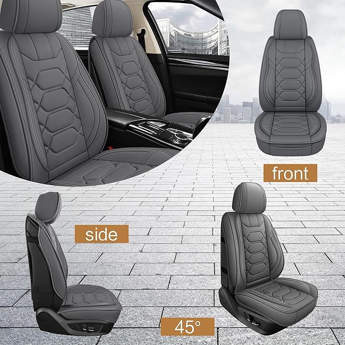 Pariitadin Leather Car Seat Covers Front Pair, Waterproof Breathable Faux Leather Automotive Seat Covers for Cars, Non-Slip Car Interior Covers Universal Fit Most Cars Sedans Trucks SUVs, Gray