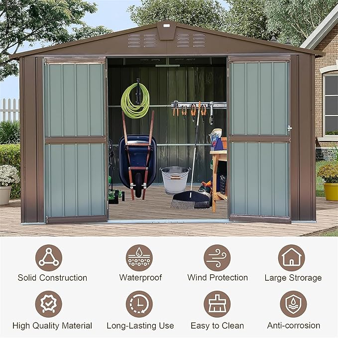 IKERY Metal Storage Shed - 10' x 8' with Double Lockable Doors, Large Garden and Backyard Tool Shed for Bikes, Weather - Resistant, Brown