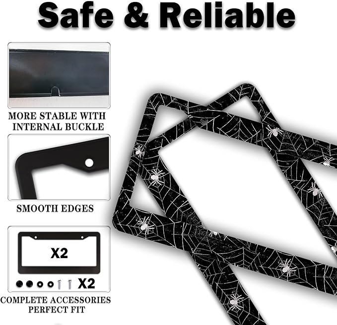 License Plate Cover for Men Black and White License Plate Frames for Women Spider Web Universal Aluminum Car Accessory 2 Pack with Screw Covers Set