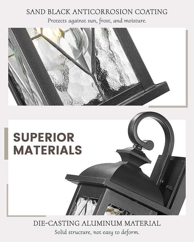 FEMILA Outdoor Wall Light Fixture,1-Light Exterior Waterproof Wall Sconce, Front Porch Lights, Matte Black Finish with Water Ripple Glass,E26 Socket, 4FD54B BK-SD