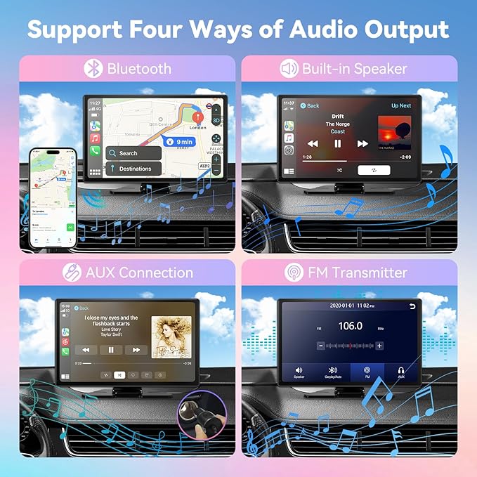 Wireless Carplay Screen for Car, 9" Android Auto Screen with 4K Dashcam, A-pple Carplay Screen for Car with 1080p Backup Camera, Mirror Link, TF Card, GPS Navigation, Bluetooth, AUX, FM, Voice Control