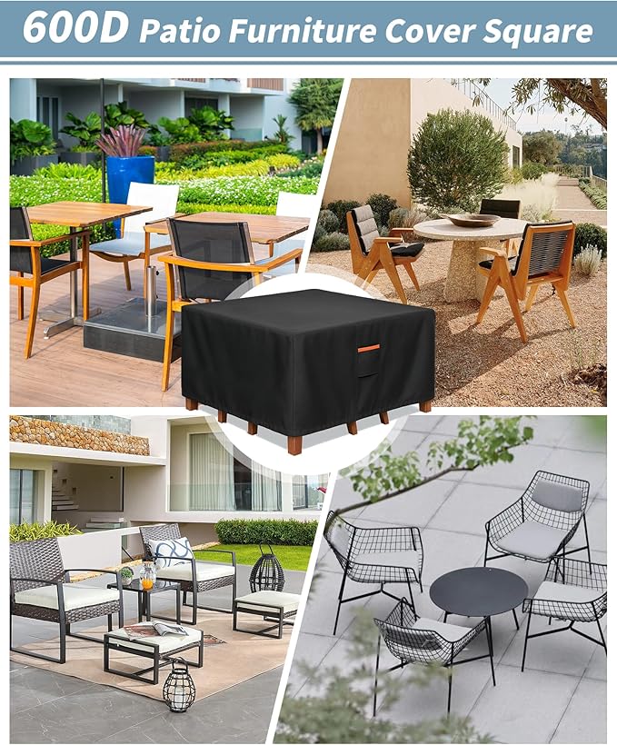 Outdoor Waterproof Furniture Cover, 106W x 106L x 28H inches Heavy Duty 600D Square Table and Chair Set Protection, Black
