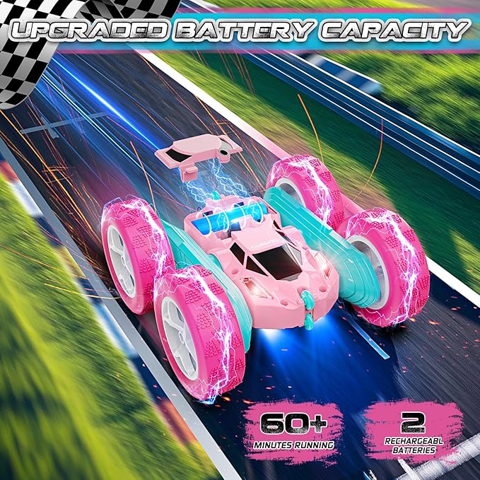 Pink Remote Control Car for Girls - RC Stunt Cars with 4WD Double-Sided Driving 360° Flips Rotating, Off Road Remote Car Outdoor Toys for Kids Age 6 7 8-12, Christmas Birthday Gifts