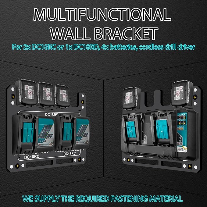 Charger Mount for Makita DC18RC, DC18RD Charger, Wall Mount for Makita 4X 14.4V/18V Batteries and 2 Drilling Screwdrivers, Heavy-Duty Garage Workshop Organization