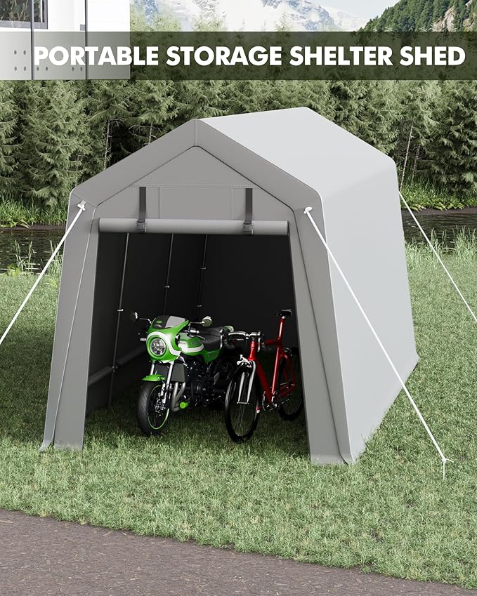 TrailBlaze 7x12ft Outdoor Portable Storage Shelter Shed, Carport Storage Shed with Roll-up Zipper Door & Vents, Heavy Duty Portable Garage with UV Resistant and Waterproof Tarp for Motorcycle