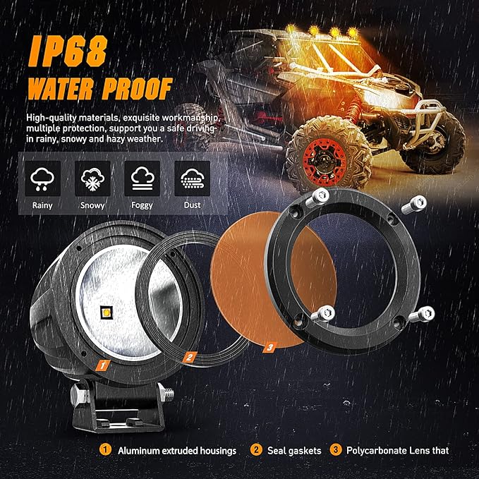 Nilight Motorcycle Led Pods Amber Fog Lights 2PCS 3Inch Yellow Round led Offroad Built-in EMC Driving Lights w/ 18AWG DT Wiring Harness Kit for Motorbike SUV ATV Truck Boat Tractor