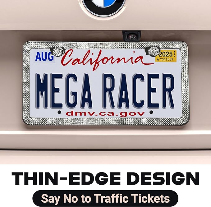 Sparkly Bling License Plate Frame for Women - 1 Pack, 800 Premium Rhinestones, Rust-Free Stainless Steel, Street Legal & Slim Design, Girly Bedazzled Diamond Car Tag Holder with Glitter Crystal Covers