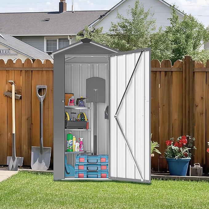 Outdoor Metal Storage Shed, Waterproof Garden Tool Shed with Lock, Galvanized Steel Utility Cabinet, Weather-Resistant Storage Locker for Backyard, Patio, Garage Tools Organization (Black)
