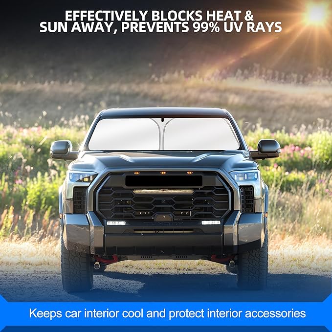 Windshield Sun Shade for Toyo-ta Tundra (Limited, SR5, Platinum, TRD Pro) 2022-2025 2026 Foldable Sunshade Custom Fit Front Window Car Interior Accessories Protector Blocks UV Rays