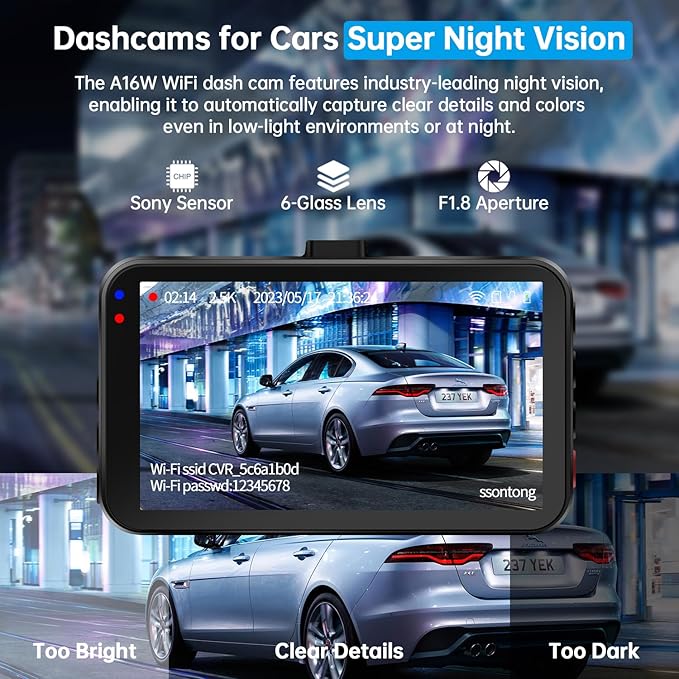 Dash Cam Front and Rear, Dash Camera for Cars WiFi/APP Control Dual Dashcam W/ 64GB Card, 2.5K Dash Cam Front+1080P Rear Car Camera W/Super Night Vision, Loop Recording, G-Sensor, Max Support 256GB