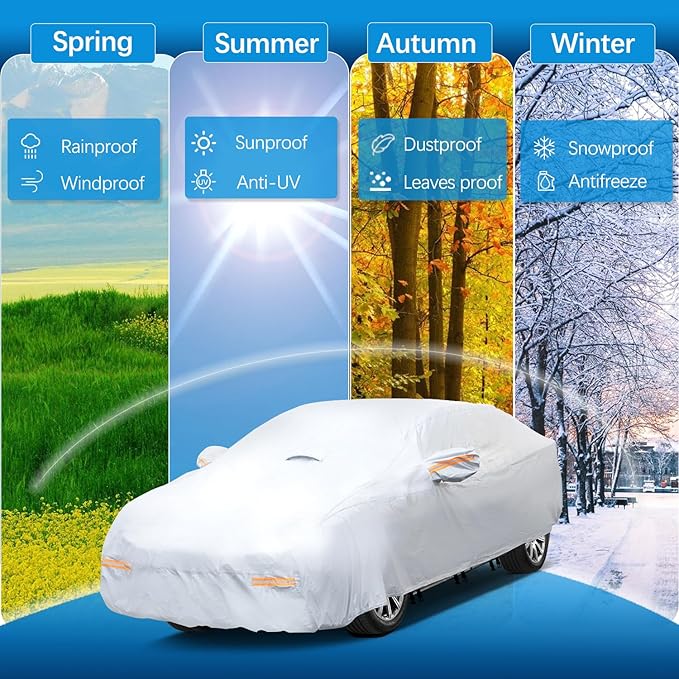 30 Layers Heavy Duty Car Cover for Automobiles All Weather Waterproof, Outdoor Snowproof UV Protection Windproof, Door Zipper, Soft Cotton Universal Car Covers (Silver, Fit Sedans191-200)