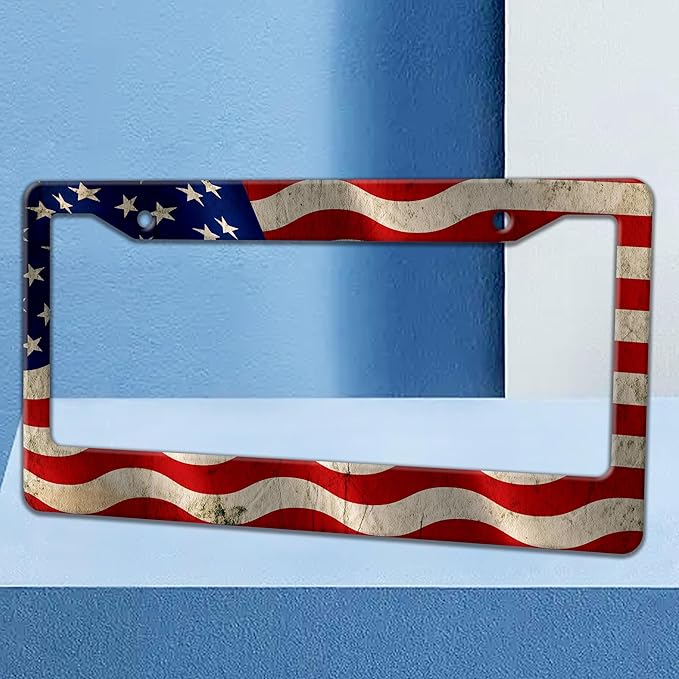 Vintage American Flag License Plate Frame USA Flag Patriotic License Plate Holders Funny Stainless Steel Auto Accessory Bracket 2 Hole with Screws Universal Us Car License Plate Frames 6x12 Inch