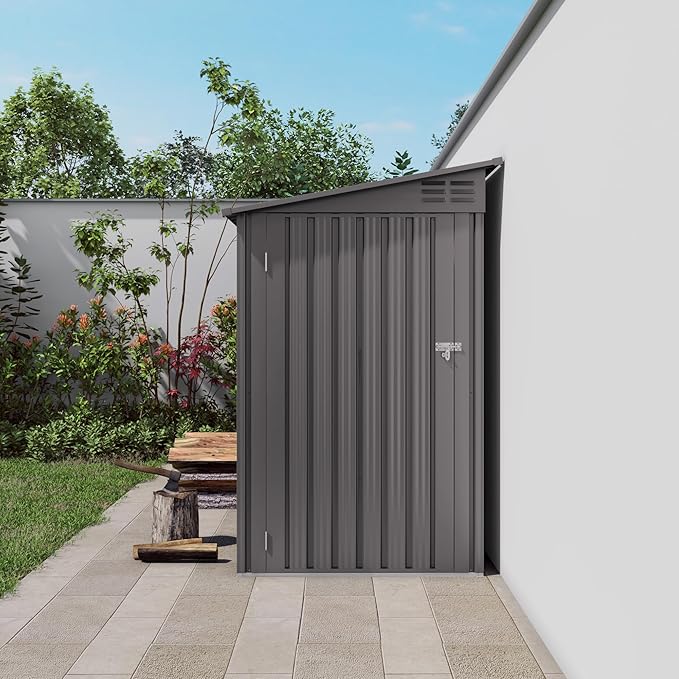 4x9 FT Outdoor Metal Storage Shed with Sloping Roof, 2 Vents and 1 Side Door, Weather-Resistant Galvanized Steel Garden Tool House for Backyard, Patio, Lawn, Garage