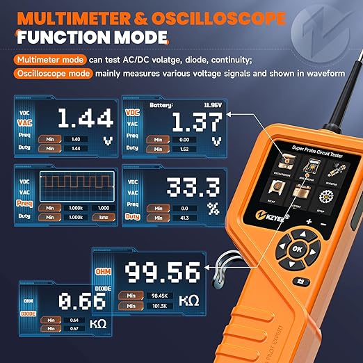 KZYEE KM601 Power Circuit Probe Kit, 12V-24V Automotive Circuit Tester with Battery Test, Multimeter, Oscilloscope, Fuel Injector, Short Circuit Finder, Component Activator, Current Probe, 30FT Cable