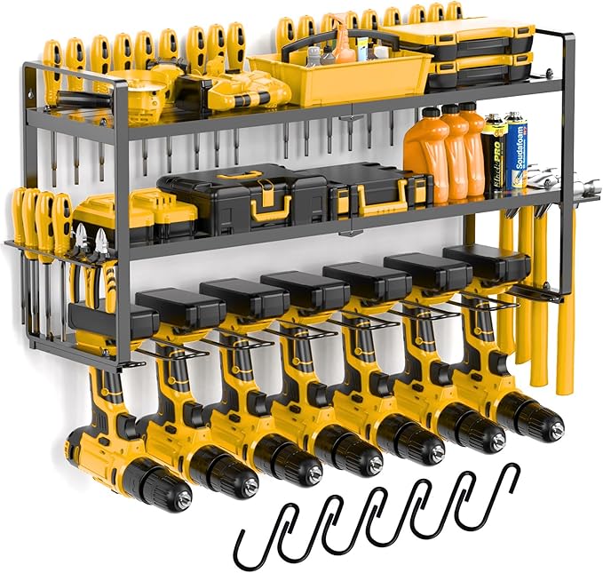 Power Tool Organizer Wall Mount 3 Tier 7 Drill Holders support up to 300Lbs - Metal Cordless Garage Wall Organizer for Cordless Drill, drill holder Rack Suitable for workshop organizers and storage