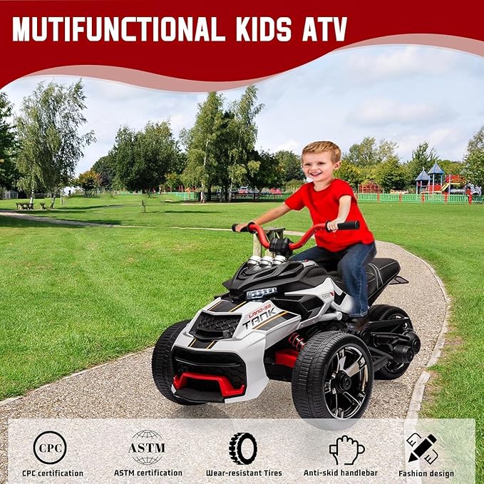 12V Kids Electric Ride-On Car with Parent Remote Control, 7MPH, 2 Speeds, 2x55W Motor, LED Lights, Music, USB & EVA Tires, 3 Wheel Battery Powered Toy Vehicle for Toddlers