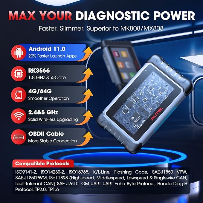 Autel Scanner MaxiCOM MK808S: 2025 Bidirectional Tool as MK808BT Pro MX808S M808Z, Work as MaxiCheck MX900 MK900BT, 28+ Service, Active Test, All System Diagnose, Injector Coding, FCA Autoauth OS 11