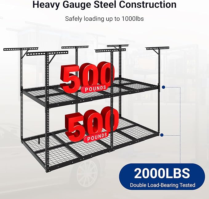 FLEXIMOUNTS 4x8 2-Tier Overhead Garage Storage Rack – Adjustable Heavy Duty Metal Garage Ceiling Storage Racks, 1000 lbs Capacity – Garages Organization System for 10–15 ft Tall Garages, Black