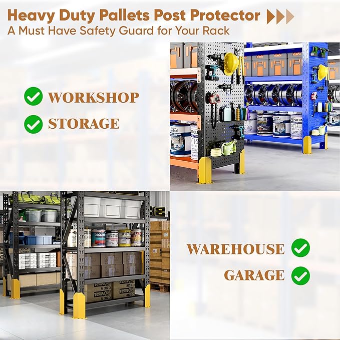 Nisorpa Pallet Rack Post Protectors, 12" Pallet Racking Guards with Hardware L Shape Safety Yellow Pallet Edge Protectors Set of 2