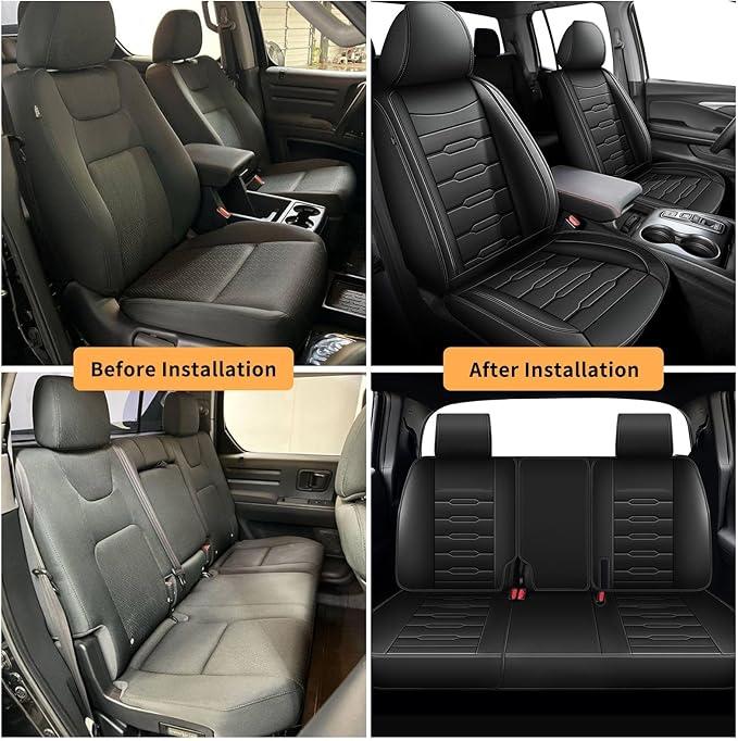 Seat Covers Fit for Honda Ridgeline 2006-2024 2025: Crew Cab 5 Seats Car Seat Covers Faux Leather Truck Pickup Seat Cushion Protector - Front Seats Without Armrests(Full Set, Blackline)
