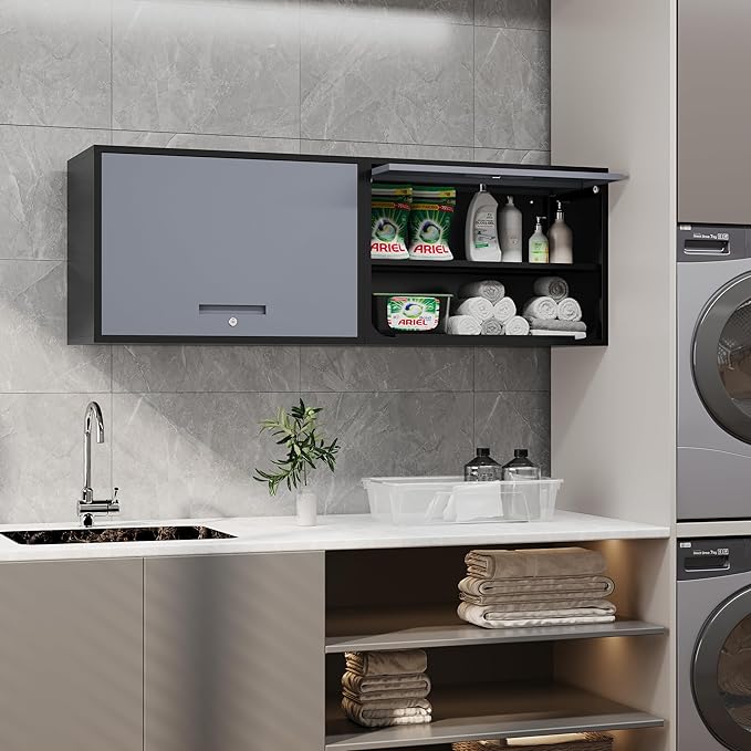 Metal Storage Cabinet Black&Gray Wall Cabinets with Shelf and Locking Door - Wall Mounted Storage Cabinet for Garage Warehouse Home Office - Assembly Required