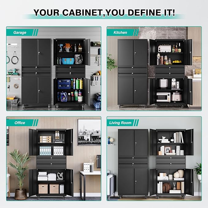 Metal Storage Cabinet with Wheels and Drawers,Rolling Garage Storage Cabinet with Locking Doors and Adjustable Shelves,73" Mobile Tall Large Metal Tool Cabinets with Locks for Home,Office,Garage