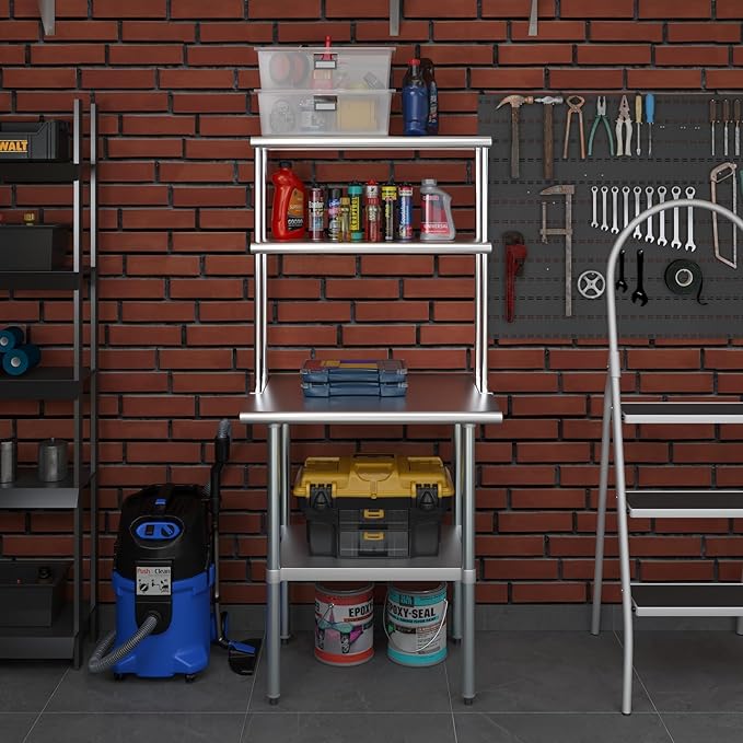 Amgood Stainless Steel Work Table Double Tier Overshelf | Metal Kitchen Prep Table & Shelving Combo (24" x 30" Work Table + 12" Overshelf)