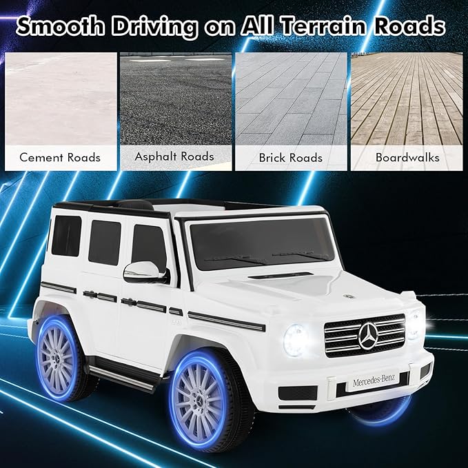 HONEY JOY Ride On Car, 12V Licensed Mercedes Benz G500, Battery Powered Ride On Truck, Lights, Music, Rocking Mode, Slow Start, Electric Cars for Kids Boys Girls (White)