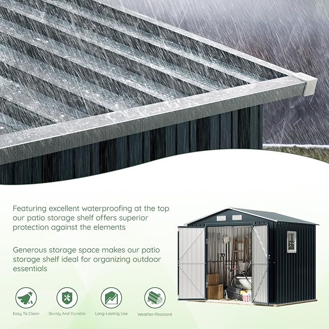 6X8X6.4FT Outdoor Steel Storage Shed with Lockable Doors, Frame Floor (No Wood/Other Boards),One Clear Window,Ideal for Garden, Backyard, Patio Storage