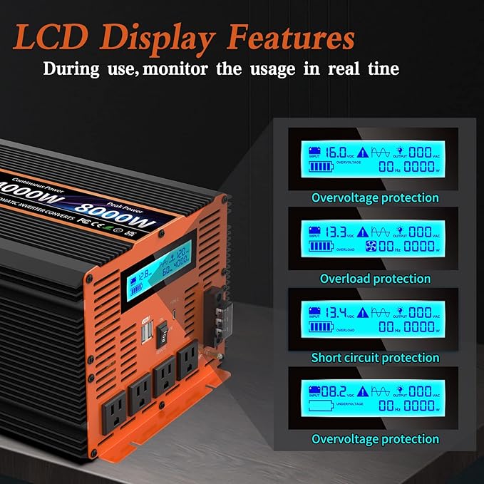 4000 Watt Pure Sine Wave Power Inverter 12V DC to 110V 120V Converter for Family RV Off Grid Solar System Car with Type-C Ports 4 AC Power Outlets Dual USB Ports LCD Display and Remote Control