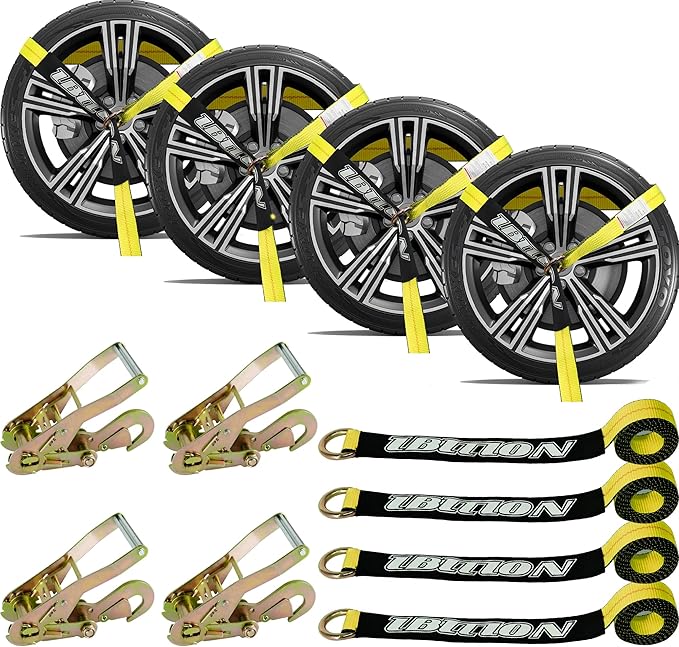 4 Pack Car Tie Down Straps for Trailers - 2" x 96" - 3,300 lbs Safe Working Load -Adjustable Wheel Straps for Hauling Cars.Yellow