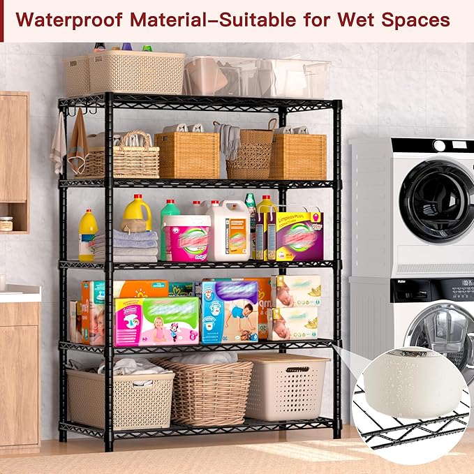 PrimeZone Wire Metal Storage Shelves - 5 Tier Adjustable NSF Certified Heavy Duty Garage Shelving Unit Organizer Rack, Steel Utility Shelf for Kitchen, Pantry, 35.5" W x 14" D x 72" H, Black, 3 Packs