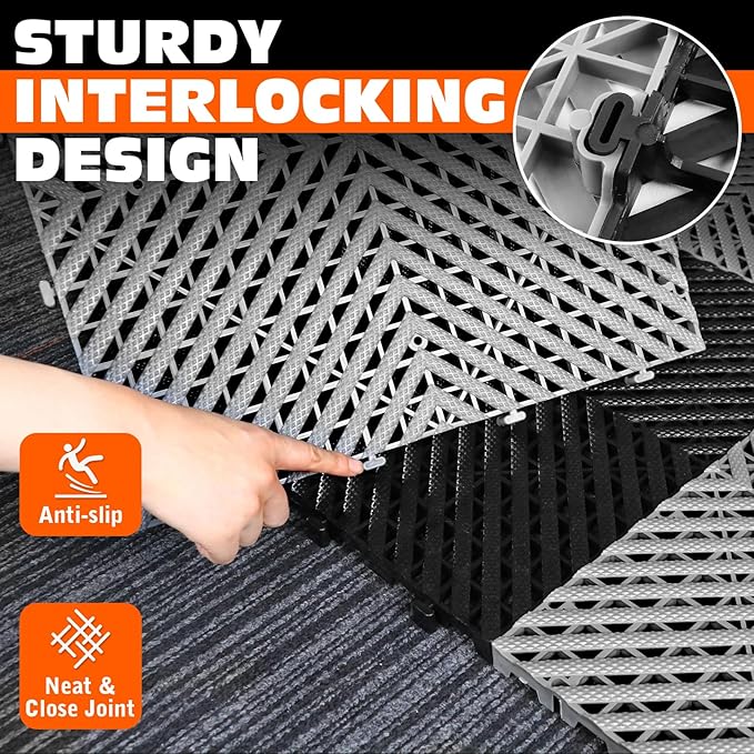 Interlocking Garage Floor Tiles - 0.79in,Vented, Self-Draining, Non-Slip Flooring, Modular, Virgin Polypropylene, Ideal for Garages, Patios, Basements, Decks -51.6 sq ft (Black, 30PCS)