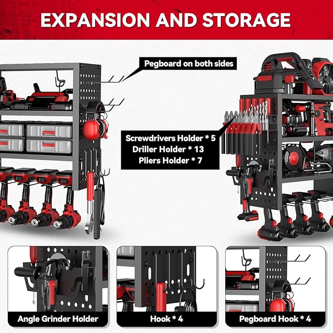 Power Tool Organizer Wall Mount, Heavy Duty 4-Tier Garage Storage Rack with Hooks and Cordless Drill Holder, Utility Racks for Screwdrivers, Pliers, Hammers,AngleGrinder, Shelf for Workbench