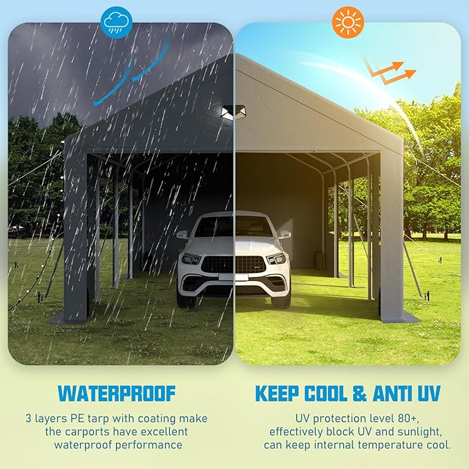12x20 Carport, Heavy Duty Carport Canopy Garage with Removable Sidewalls and Drive Through Roll Up Zipper Doors & Side Doors, Grey