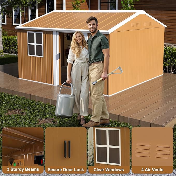 12 x 10 FT Outdoor Storage Shed, Metal Garden Tool Shed with Slooping Roof, Lockable Doors and Windows, All-Weather Weatherproof Blike shed for Garden, Patio, Lawn, Yellow