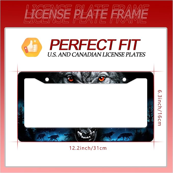 Personalized License Plate Frame Wolf Howling Stainless Steel Accessory Night Forest Animal Holder Funny Car Decorative 2 Holes Screws Fits Us Standard License Plates 12.2 X 6.3 in for Men Women