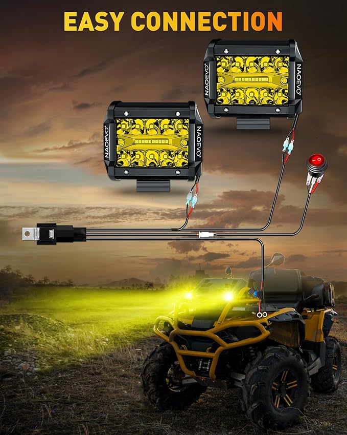 NAOEVO 4 Inch LED Pod Lights, Spot Flood Yellow LED Fog/Driving/Off Road Lights with 2 Leads Wiring Harness, Cube Pods for Truck Boat ATV UTV, 2 Pcs (Yellow)