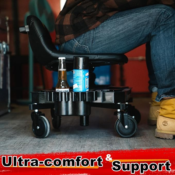 Rolling Stool with Wheels, Adjustable Height Pneumatic Garage Work Mechanic Stool Seat with Backrest, 400 LBS Capacity 360° Swivel Mechanic Crepper Chair with Tool Tray Storage, Red