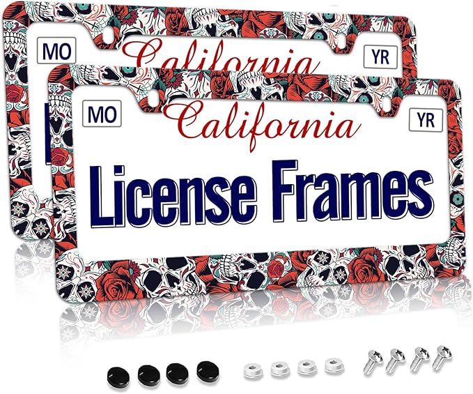 Stainless Steel Sugar Skull License Plate Frame Skull License Plate Holder Sugar Skull Car Accessories Day of The Dead Frame Witchy License Plate Frame for Women 12.3" X 6.3"