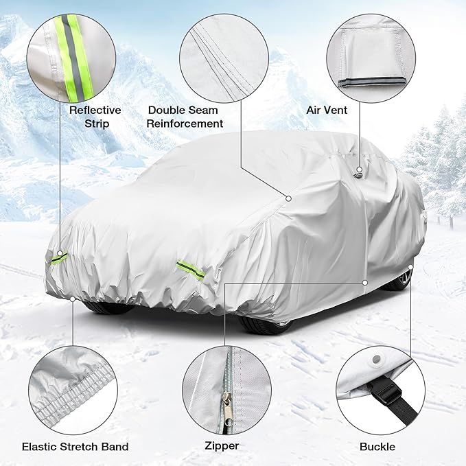 YOLENY Car Cover Waterproof All Weather Full Exterior Covers with Zipper，Universal Fit Sedan Dodge Challenger,Chevrolet Impala,Toyota Avalon,Cadillac Deville/Seville, Lexus ES etc.(UP to 201 inch)