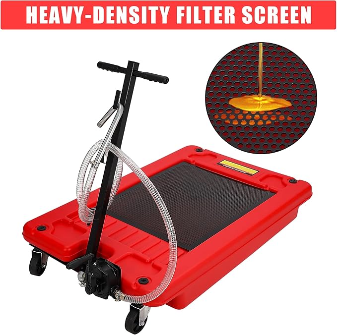 ‌17 Gal Low Profile Oil Drain Pan, Heavy Duty Mobile Oil Changing Pan with Hand Pump, 8 Ft Hose & Quick Drain Valve, Leak-Proof Design for Truck Car Motorcycle, Garage Workshop Use