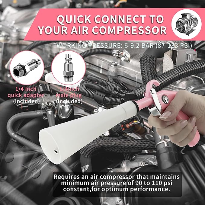 XIAOFENG Tornado Dry Cleaning Gun Detailing Interior Dryer Air Blow Gun with 2 Set Nozzle High Pressure Car Drying Blower Gun for Women Car Quickly Blasts Dirt and Dust from Surface Pink