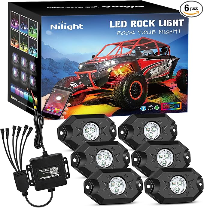 Nilight RGB LED Rock Lights Kit, 6 pods Underglow Multicolor Neon Pod with Bluetooth App Control Flashing Music Mode IP68 Exterior Wheel Well Light for Truck ATV UTV RZR SUV