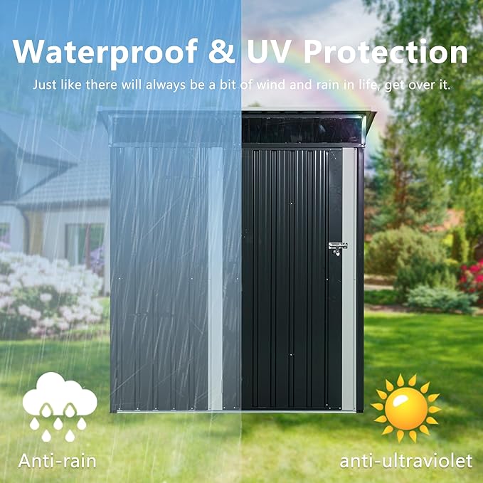 Metal 5x3 FT Garden Storage Shed, Outdoor Small Shed with Sloped Water-Resistant Roof and Lockable Door for Backyard, Patio,Garage and Bike Storage Black