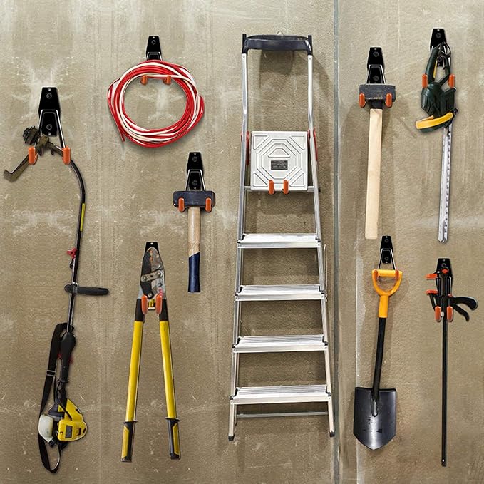 Garage Hooks, 12 Pack Wall Storage Hanger with 2 Extension Cord Straps, Heavy Duty Tool Holder for Utilities Organization, Wall Mount Rack for Garden Lawn Tools, Ladders, Bike, Ski (Orange)