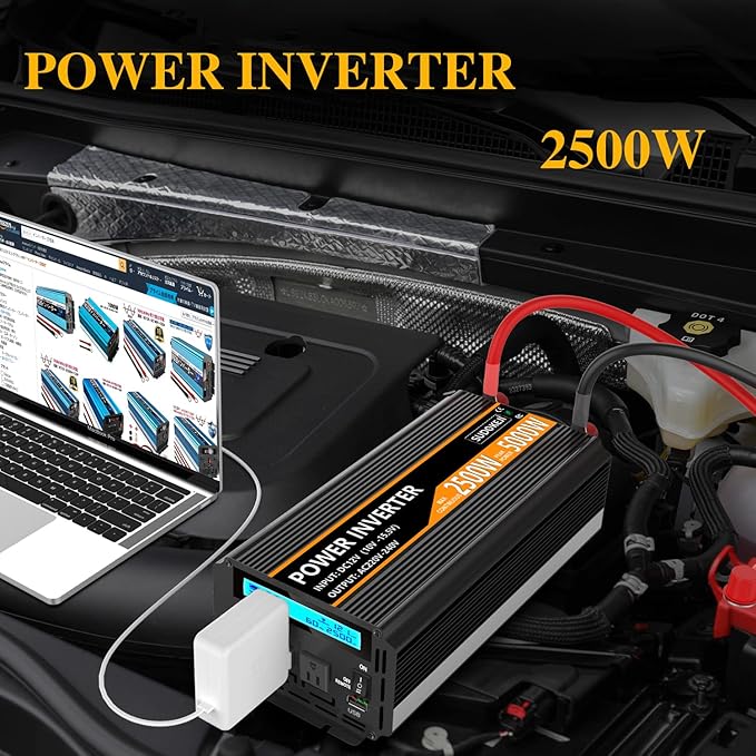 SUDOKEJI 2500W Power Inverter 12V DC to AC 110V/120V (Peak) 5000W Converter 3 sockets car Inverter with Remote Control and LED Display 3.4v USB Port