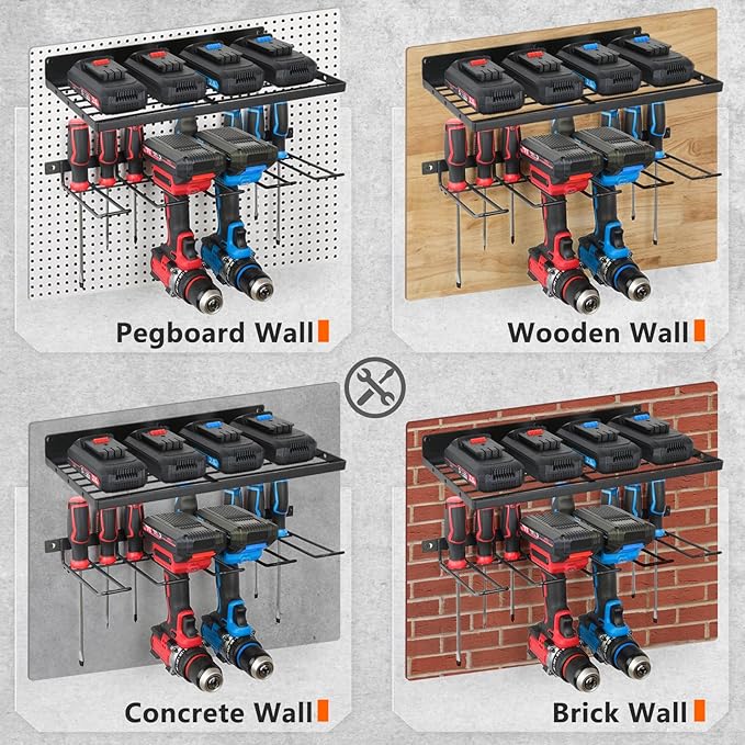Power Tool Organizer Wall Mount, Cordless Drill Holder and Battery Shelf, Garage Tool Storage Heavy Duty Utility Rack for Tool Room, Workshop, Garage